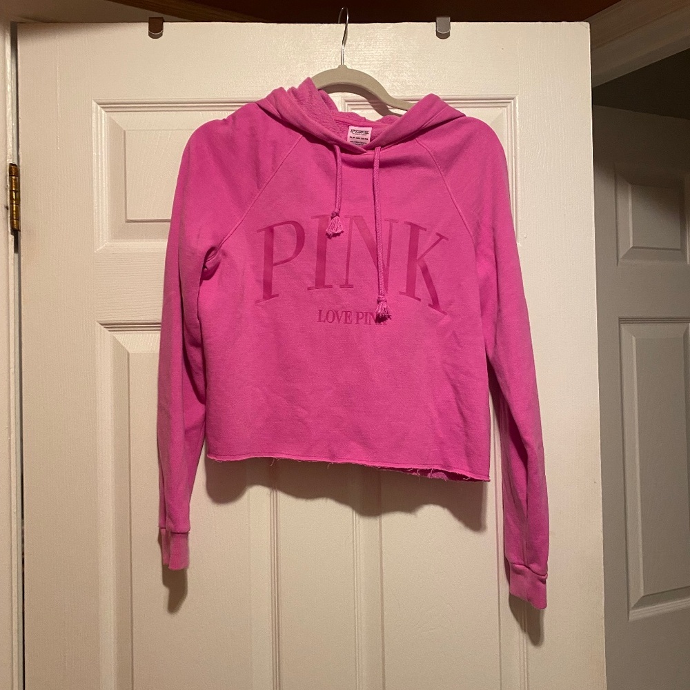 PINK Victorias Secret Xsmall XS Cropped Hot Pink Fleece Lined Hoodie